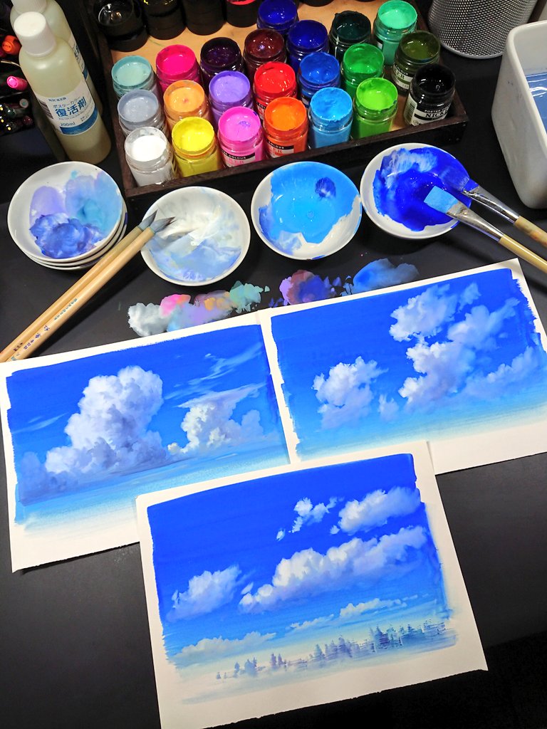 アニメーション美術の技法で「青空に浮かぶ雲」を描く